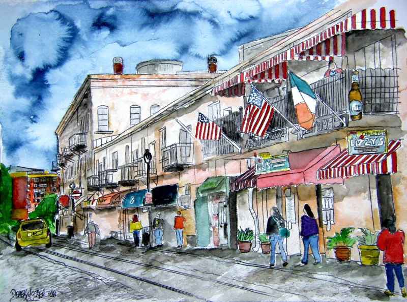 Savannah River Street Pen And Ink Drawing Watercolor Painting - Derek Mccrea - Artwork Celeste Network