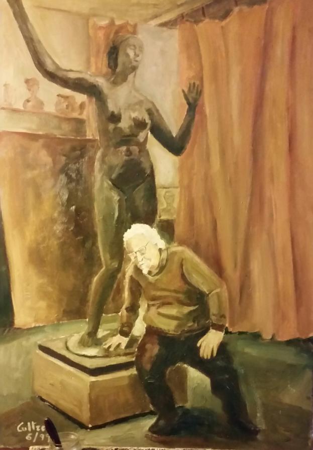 il maestro stanco ai piedi della sua statua