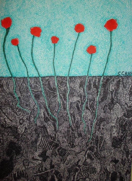 Sezione di terra con fiori rossi su cielo turchese