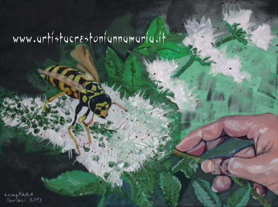 Ape Calabrone con mano e fiori di menta. - Olio su Tela - 80 x 60 x2 Tecnica Pennello - anno 2013 Ape Calabrone con mano e fiori di menta. - Olio su Tela - 80 x 60 x2 Tecnica Pennello - anno 2013