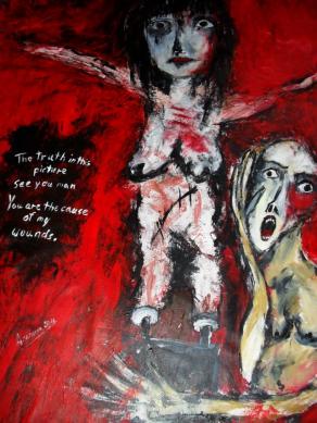 "The Truth in this picture " Acryl auf Tuch ,160 x 116 cm  See you man, You are the cause of my woun