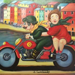 Salvo Lombardo - In moto a Portofino - olio su tela - 80 x 60