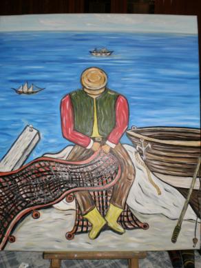 Pescatore che ripara rete