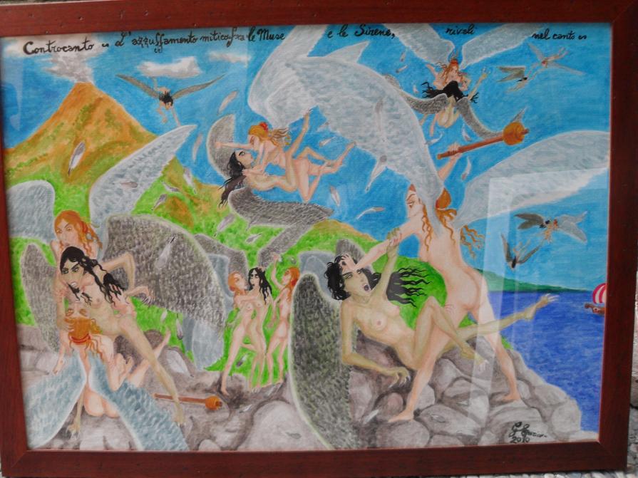 Controcanto (in cornice) - L'azzuffamento mitico fra le Muse e le Sirene, rivali nel canto