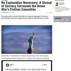 Creative Time Reports article on drone strikes by David Birkin + CIA's first tweet following skywriting performance