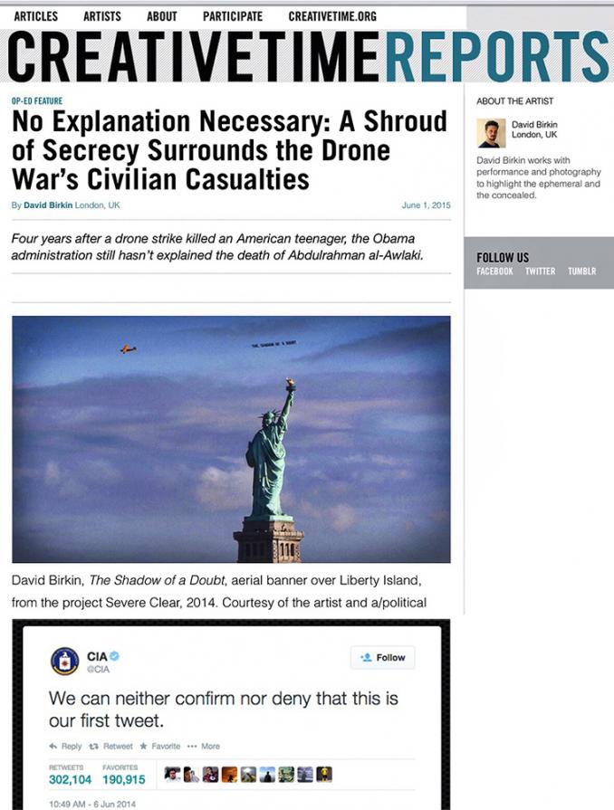 Creative Time Reports article on drone strikes by David Birkin + CIA's first tweet following skywriting performance