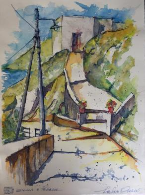 Salvo Currò - Scorcio a Panarea - acquerello su cartoncino - 40 x 55