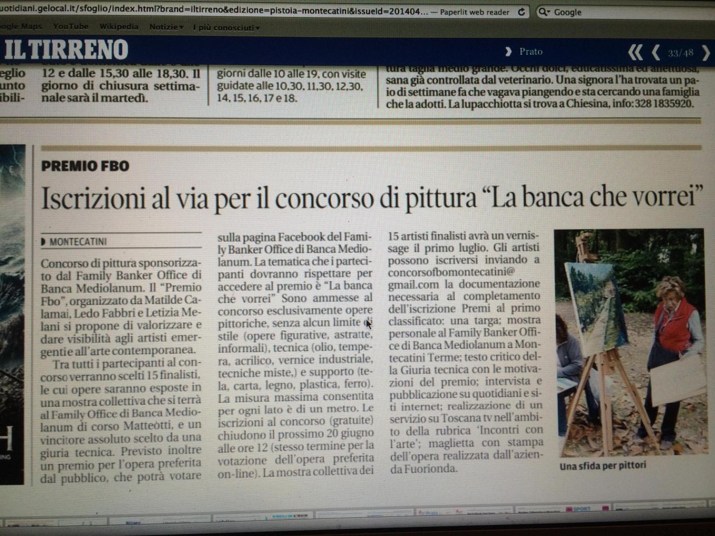 1° EDIZIONE PREMIO FBO MONTECATINI (FAMILY BANKER OFFICE DI BANCA MEDIOLANUM – MONTECATINI TERME) 2014 1° EDIZIONE PREMIO FBO MONTECATINI (FAMILY BANKER OFFICE DI BANCA MEDIOLANUM – MONTECATINI TERME) 2014