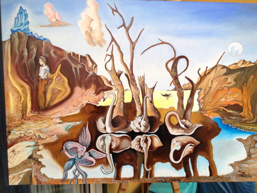 Cigni che riflettono elefanti