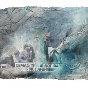 This is not Iraq: acrilico, carte di riso e stampa su cartone strappato montato su tela. 35x45cm This is not Iraq: acrilico, carte di riso e stampa su cartone strappato montato su tela. 35x45cm