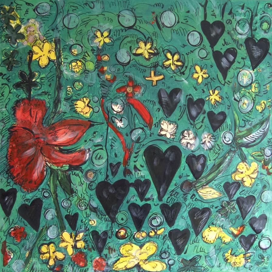 hearts and flower in green sky