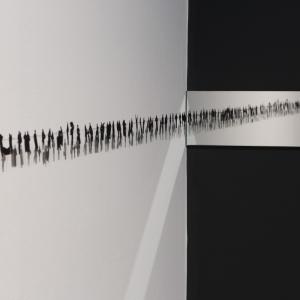 'Witness' 2016 (installation detail view), paper silhouettes, pins and mirrored glass, 490 x 2.5 cm 'Witness' 2016 (installation detail view), paper silhouettes, pins and mirrored glass, 490 x 2.5 cm