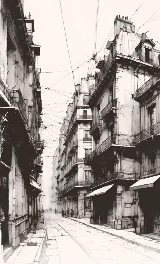 Paris - 1893. My Etching of imaginary street scene with tiny imaginary Frenchman and cheese wheel on sidewalk