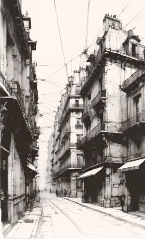 Paris - 1893. My Etching of imaginary street scene with tiny imaginary Frenchman and cheese wheel on sidewalk