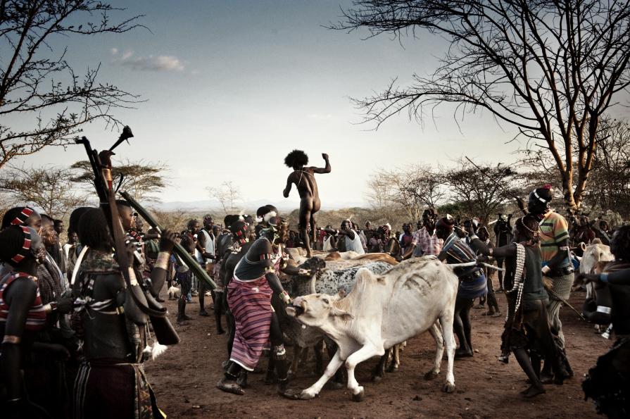 Il giovane cammina sui tori e non deve assolutamente cadere