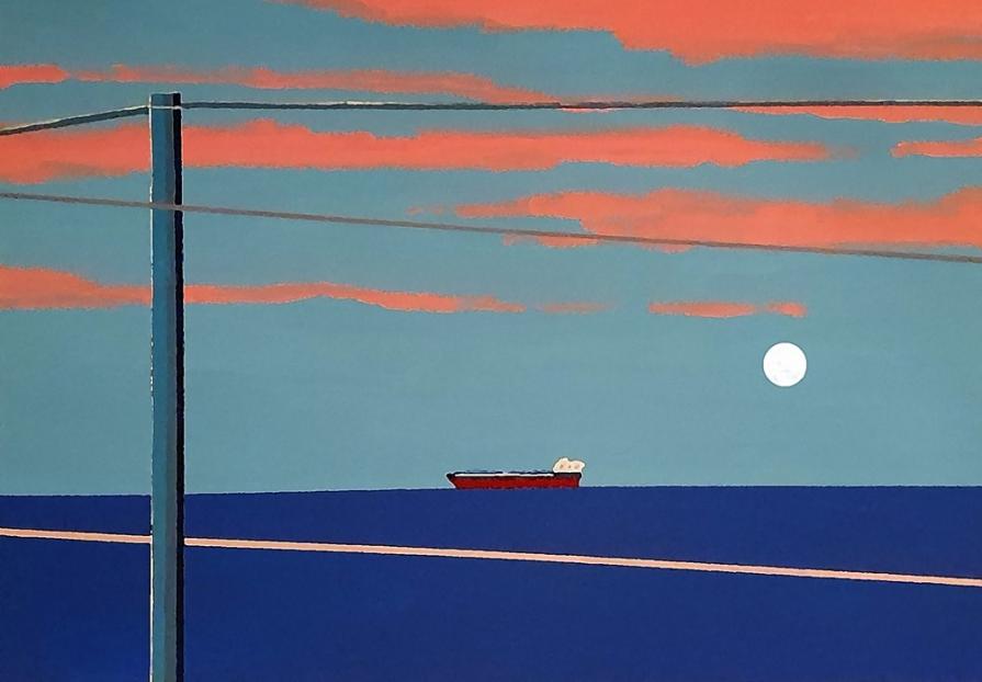 La luna, la linea del mare e i cavi elettrici