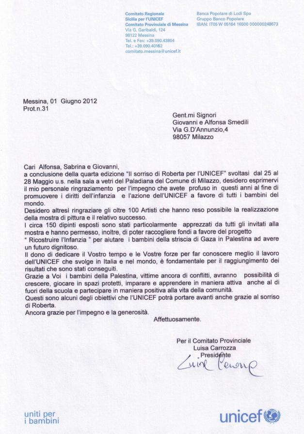 lettera ringraziamento UNICEF a completamento del "progetto ricostruire l’infanzia"