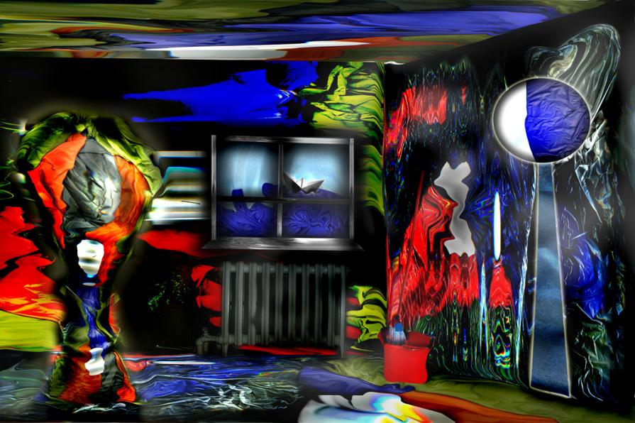 il mocio riposa,si riflette in fronte a lui mentre al difuori della stanza una barchetta in mare mosso è.