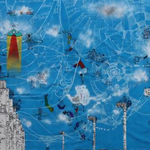 artificial paradise spider-web space with dog passing water