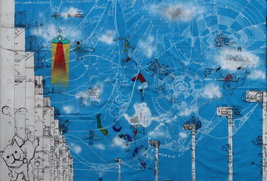 artificial paradise spider-web space with dog passing water