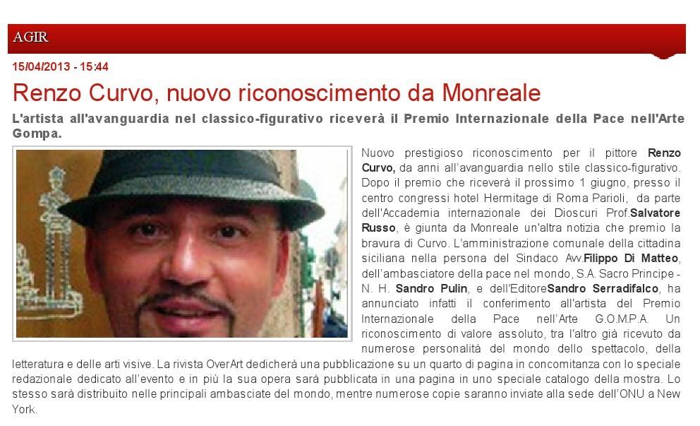Renzo Curvo, nuovo riconoscimento da Monreale L'artista all'avanguardia nel classico-figurativo riceverà il Premio Internazionale della Pace nell'Arte