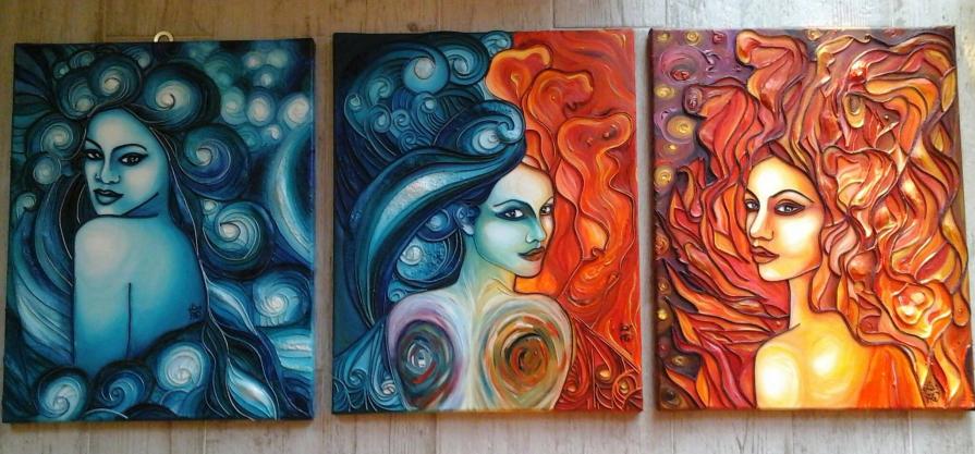 Trittico - volti di donna associati agli elementi del Fuoco e dell'Acqua