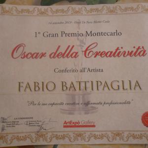 Ricevo come Artista Fabio Battipaglia il 1°Gran Premio Montecarlo Oscar della Creatività il 14 settembre 2019