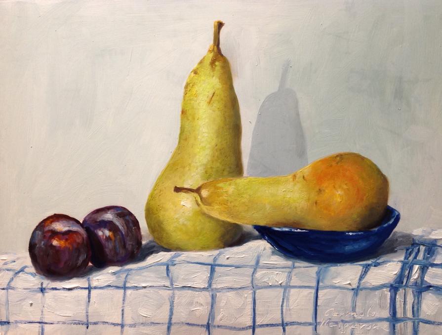 Birnen, Pflaumen und eine blaue Schale. (Available)