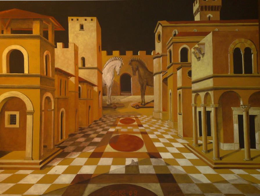 Piazza italiana con 2 cavalli