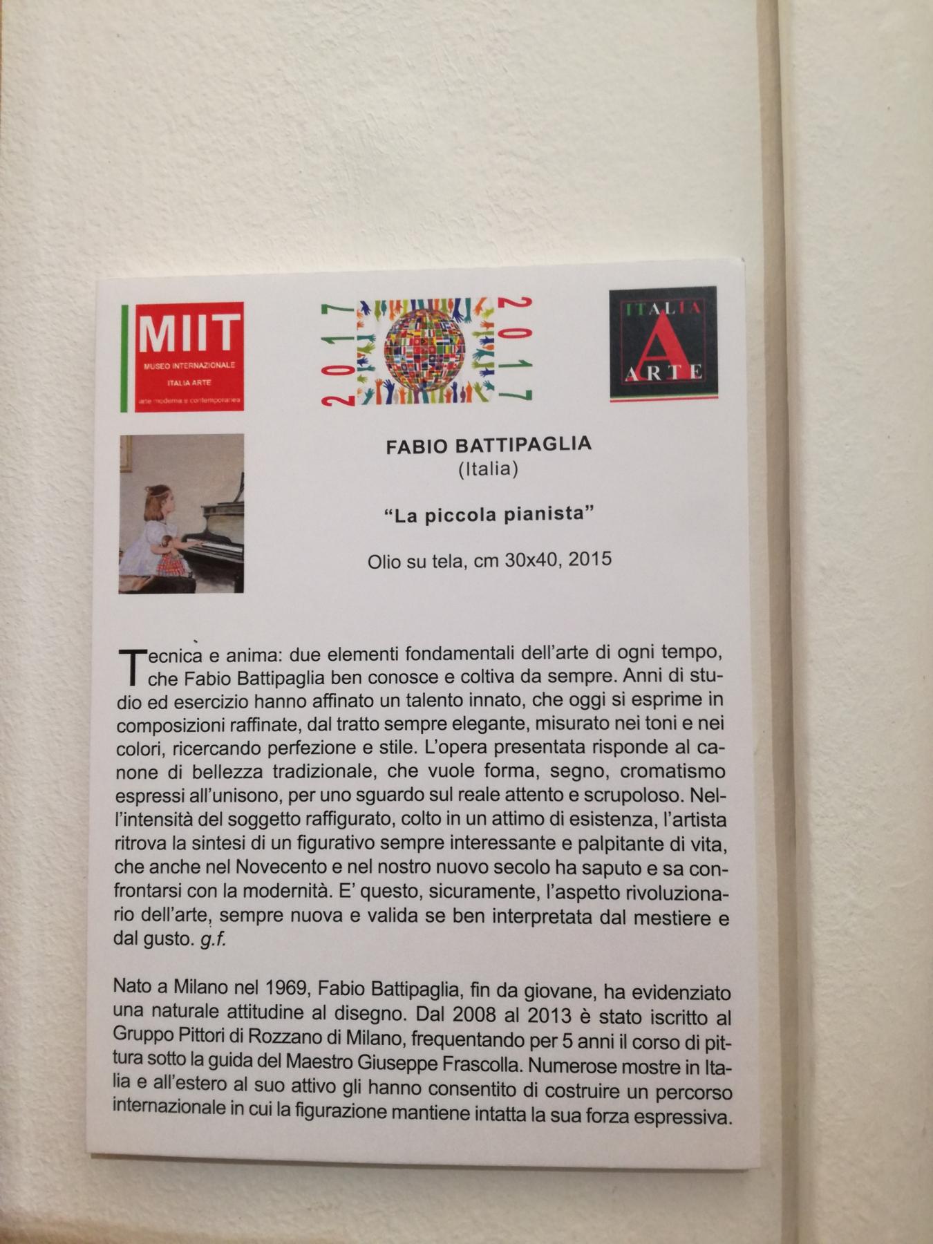 Testo critico del Museo MIIT di Torino per l'opera "La piccola Pianista" per il Catalogo d'Arte Mostra Internazionale "Italia Arte 2017" 