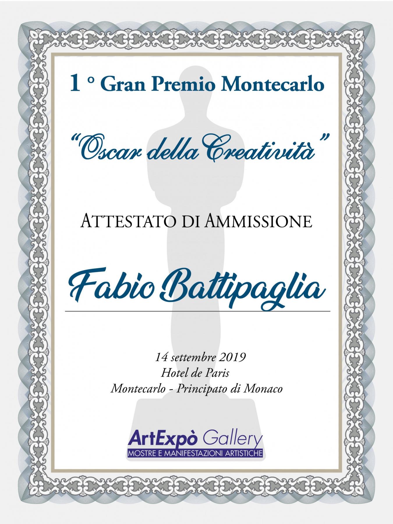 Ricevo come Artista Fabio Battipaglia il 1°Gran Premio Montecarlo Oscar della Creatività il 14 settembre 2019