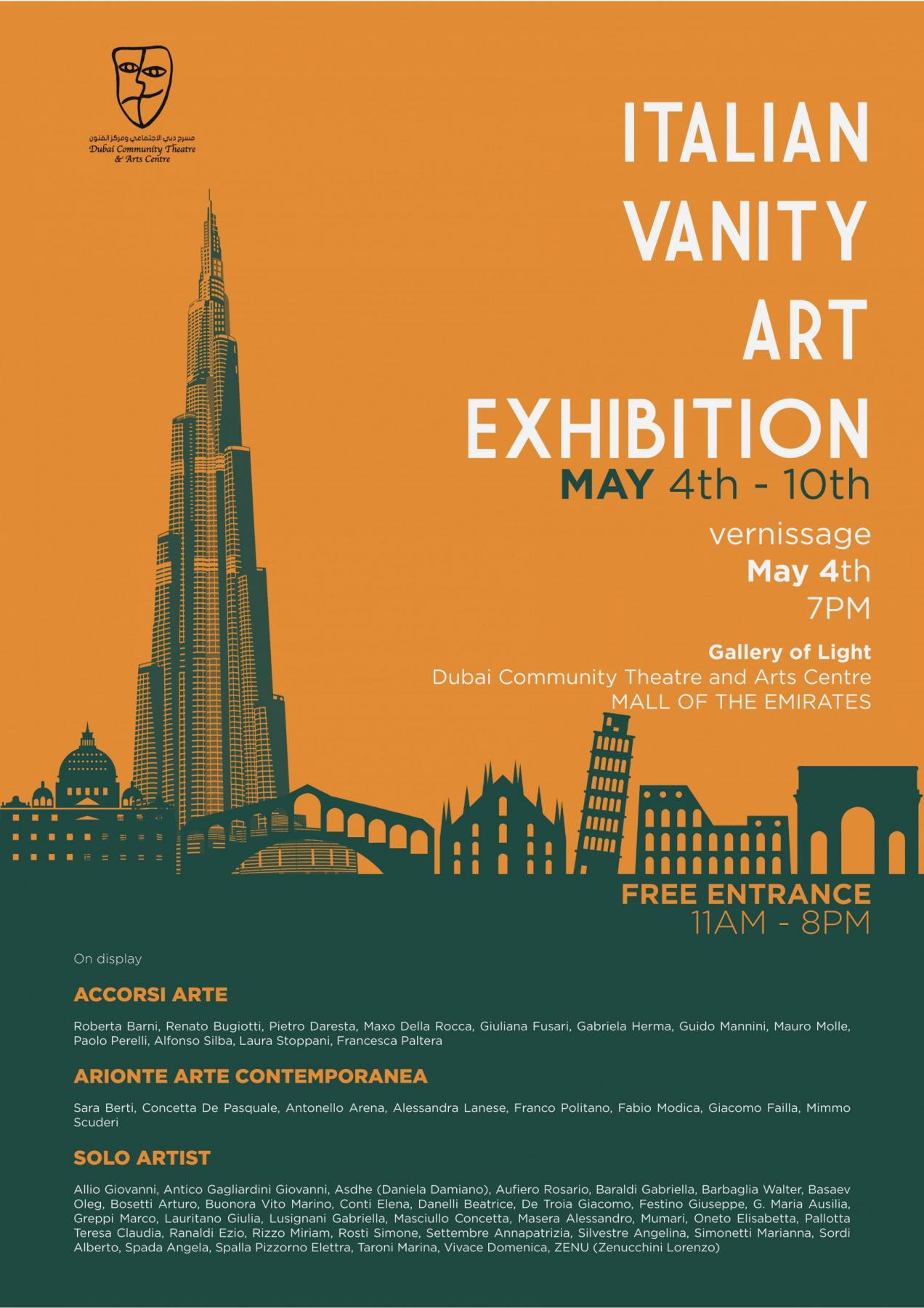 ITALIAN VANITY ART EXHIBITION – Dubai Gallery of Light del Dubai Community Theatre & Arts Centre (DUCTAC) Mall Of The Emirates ITALIAN VANITY ART EXHIBITION – Dubai Gallery of Light del Dubai Community Theatre & Arts Centre (DUCTAC) Mall Of The Emirates