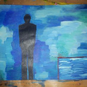 Un uomo grigio in un clima blu e azzurro