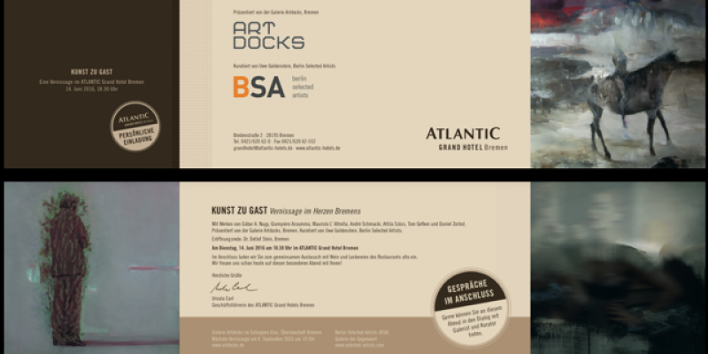ATLANTIC Grand Hotel Bremen - 14. Juni 2016, 18.30 Uhr - Präsentiert von der Galerie Artdocks, Bremen Kuratiert von Uwe Goldenstein, Berlin Selected Artists ATLANTIC Grand Hotel Bremen - 14. Juni 2016, 18.30 Uhr - Präsentiert von der Galerie Artdocks, Bremen Kuratiert von Uwe Goldenstein, Berlin Selected Artists