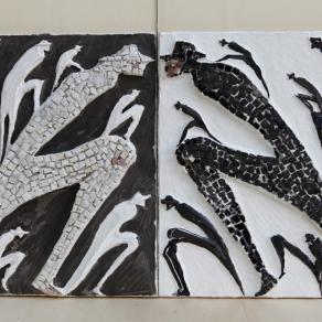 Adret et Envers - affresco a rilievo e mosaico su tavola armata di rete metallica