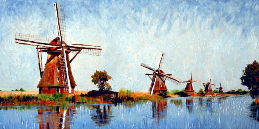 Paul De Haan (Italia) - Windmills - olio tavola legno - 60 x 30