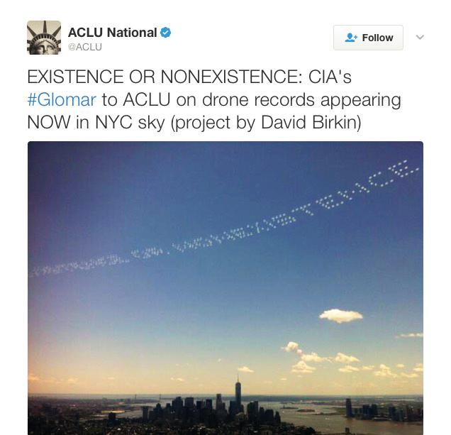 'Existence or Nonexistence', ACLU tweet of skywriting over New York City; from the project 'Severe Clear', 2014
