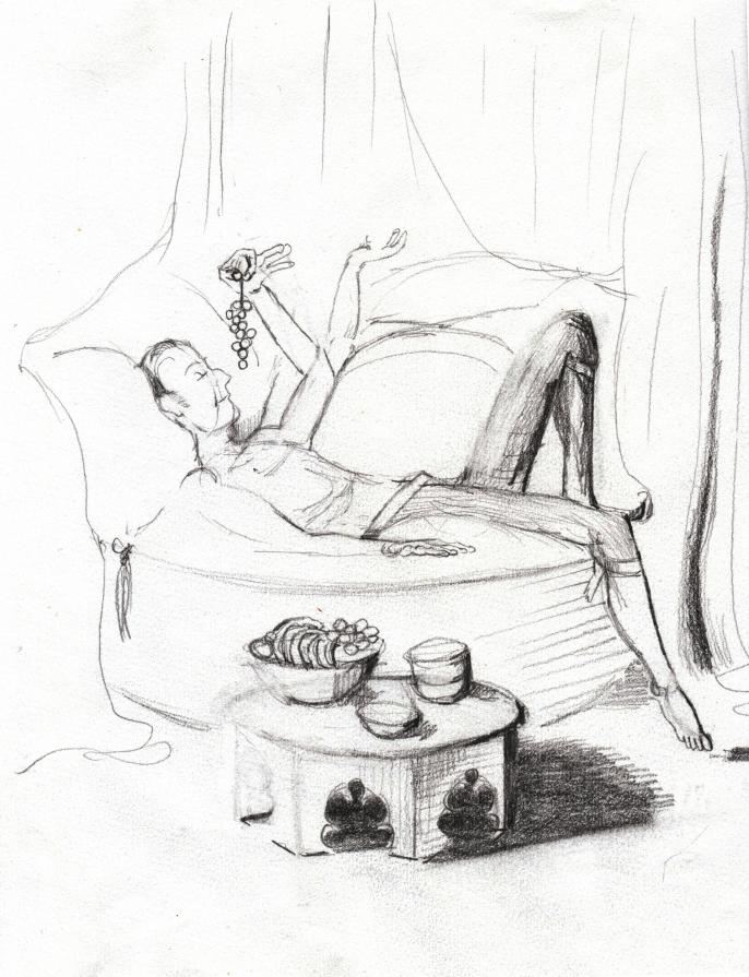 Napoleon reclines on silken cushions.