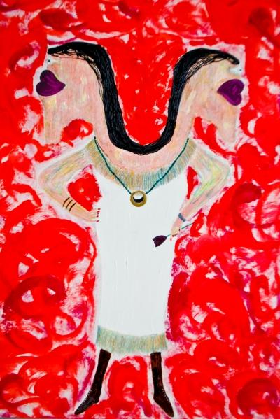 woman with 2 heads and purple tulip  