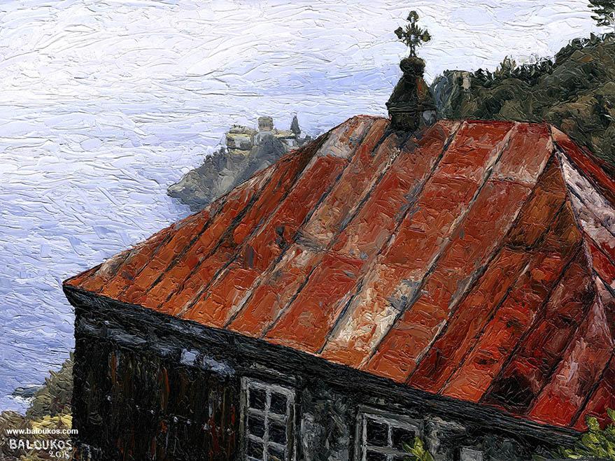 0. With a view of Stauronikita Monastery Mount Athos