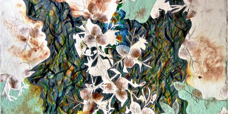 "There is no more time" novel by Sandro Orlandi, on the cover the work by Maristella Angeli "We are nature"