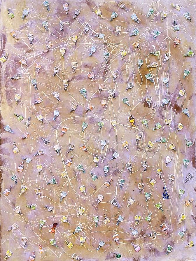 anno 2011 -titolo caramelle da uno sconosciuto tecnica mista (carta di caramelle ripiegate, vernici industriali, flating) su MDF  cm (75 x 100 x  4)