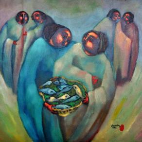 DONNA CON CANESTRO DI PESCI