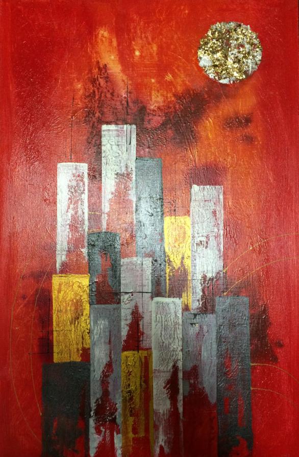 Chiara Rossetti (Italia) – Fuoco sulla città – acrilico su tela – 40 x 60