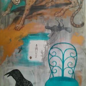 Cheetah, Crow, and Blue Chair