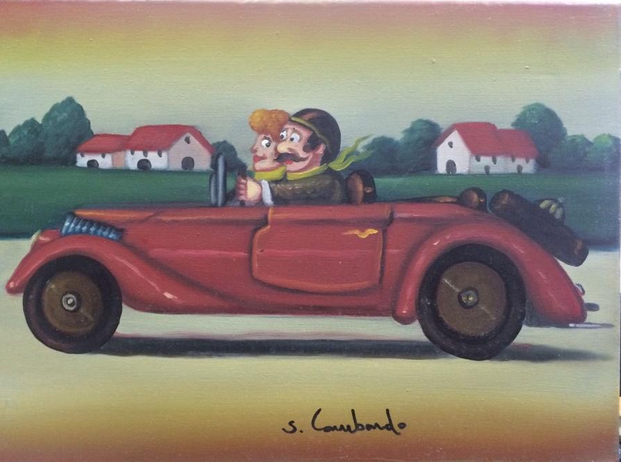 Salvo Lombardo - Coppia in auto - olio su tela - 40 x 30