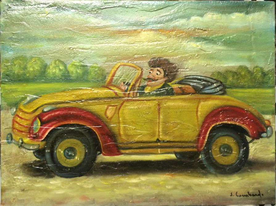 Salvo Lombardo - L'auto gialla - olio su tela - 40 x 30