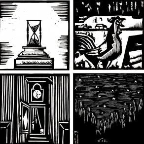 Cuatro relojes: reloj de arena, reloj por el canto de las aves, reloj de campana, reloj par las estrellas.