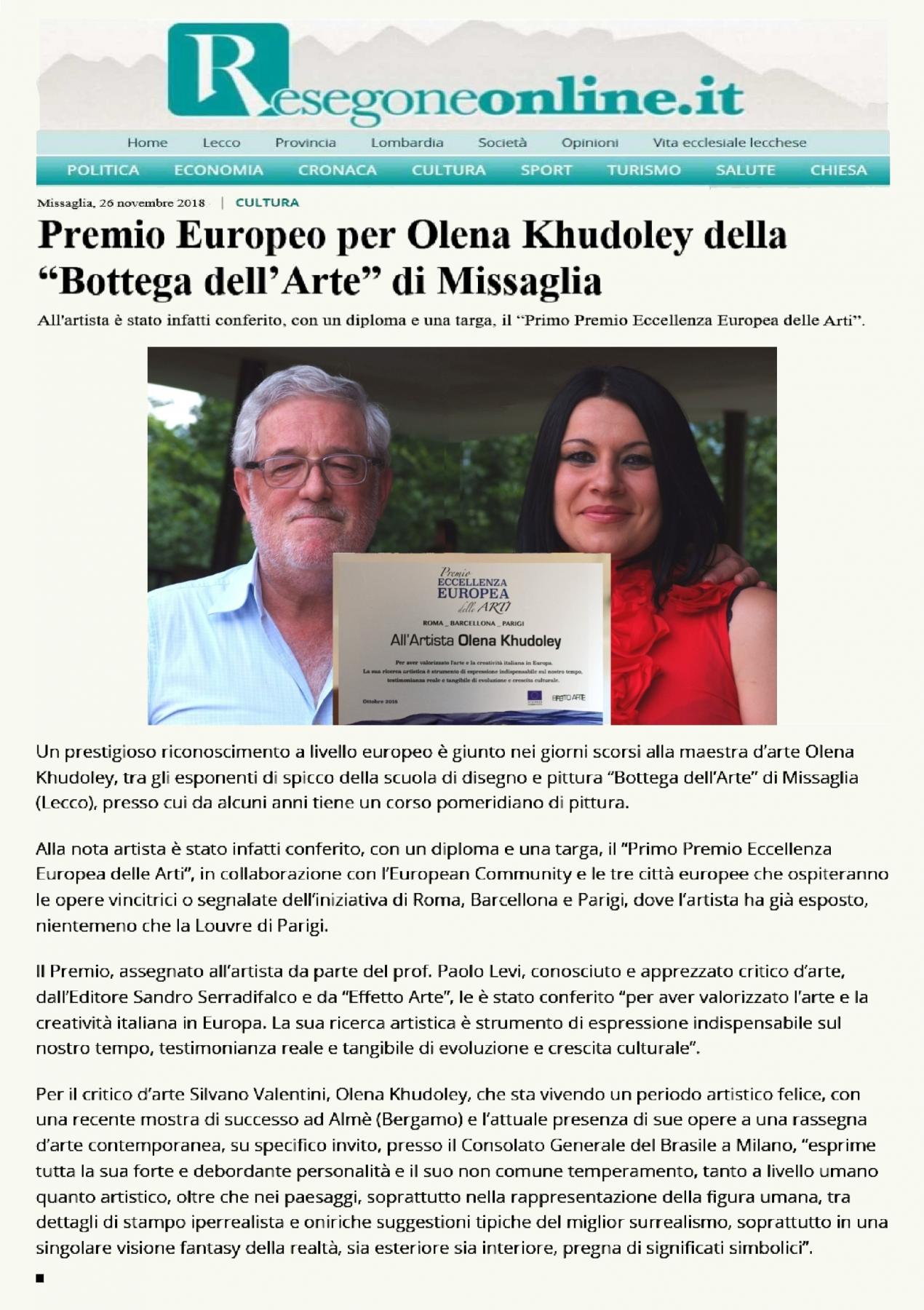 Premio Europeo per Olena Khudoley della “Bottega dell’Arte” di Missaglia Premio Europeo per Olena Khudoley della “Bottega dell’Arte” di Missaglia