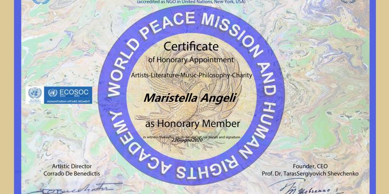 Maristella Angeli receives the certificate of Honorary Appointment "World Peace Mission ad Human Rights Academy"
